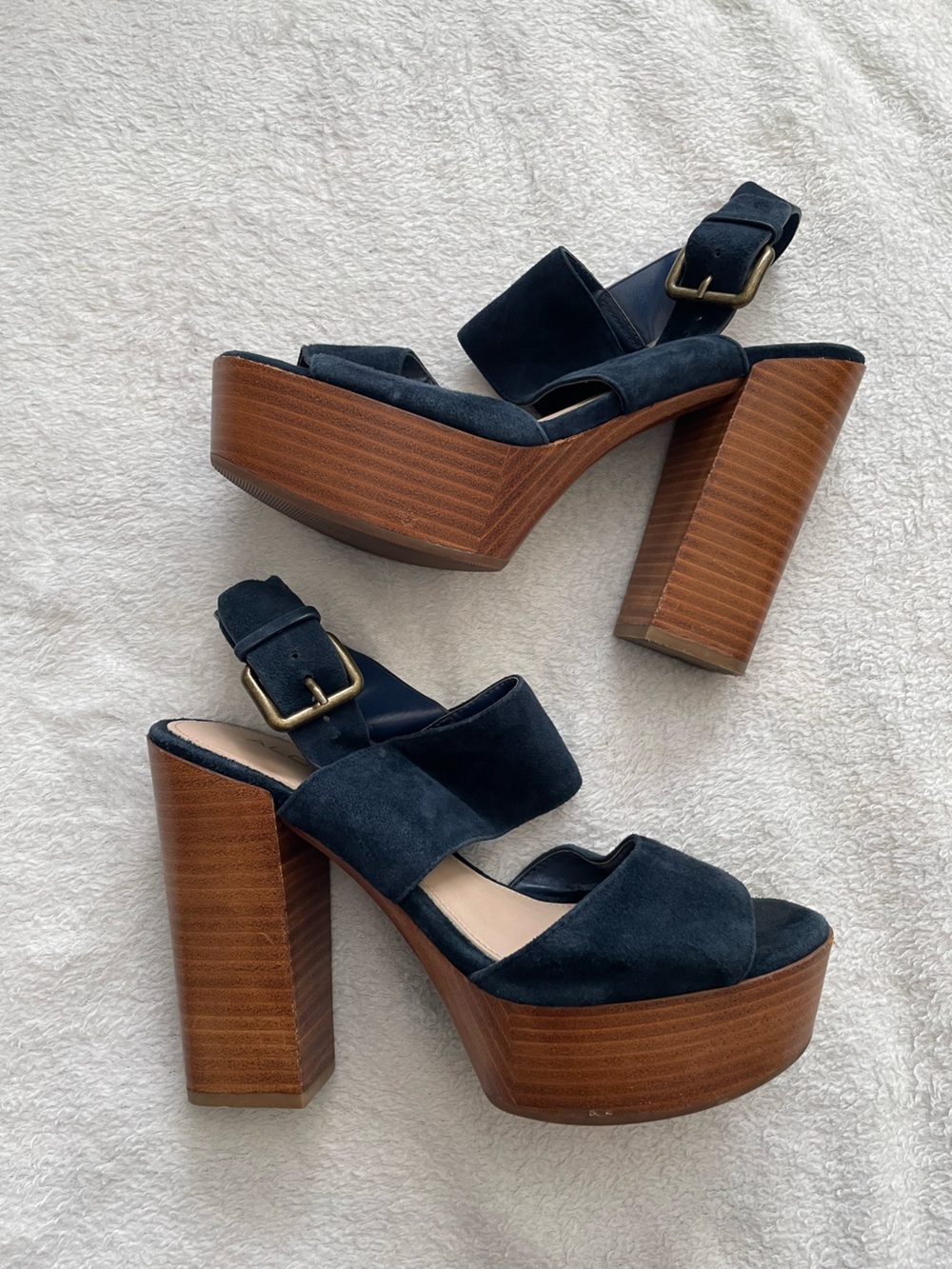 Aldo Women’s 7.5 Platform Block Heel Sandals in Navy Suede 5 Inch Heel